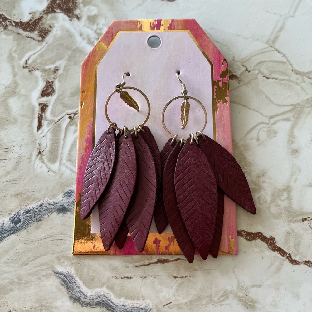 Boutique Faux Leather Leaf Stamp Tassel Earrings in Maroon